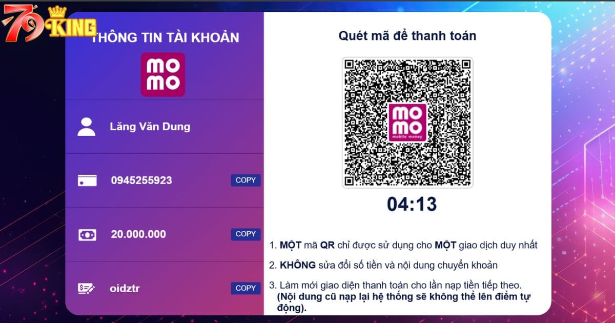 Nạp tiền 79KING qua MomoPay sau khi vay thành công